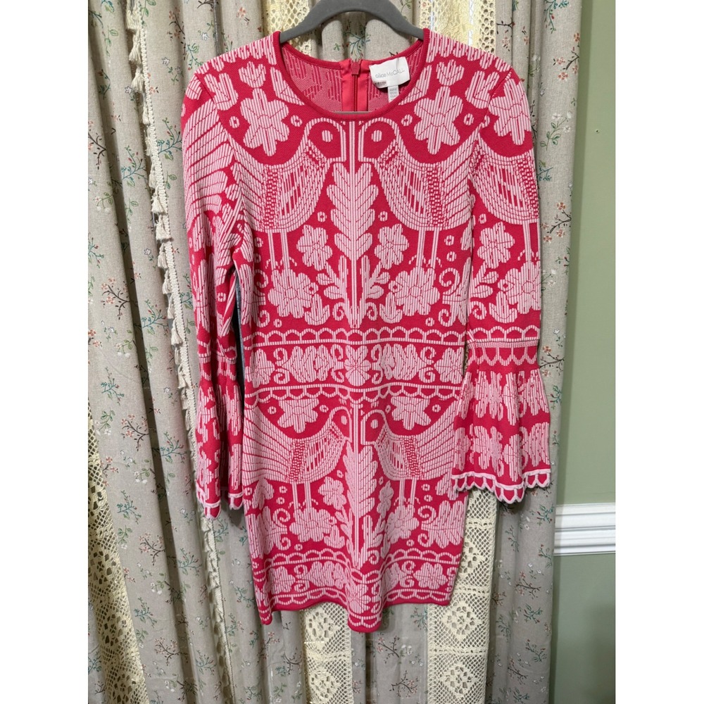 Alice McCall La Javanaise Dress US 10 Pink Jacquard Bird Floral Bell Sleeve Mini